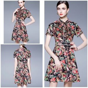NWT Dalia Macphee Bright Floral Cockatoo Birds  Neck Tied Black Cocktail Dress L